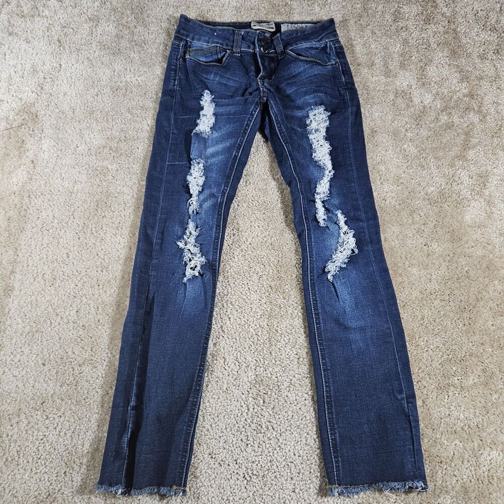 Indigo Rein Forever Ripped Blue Denim Cotton Stretch Straight Leg Jeans Pant 1